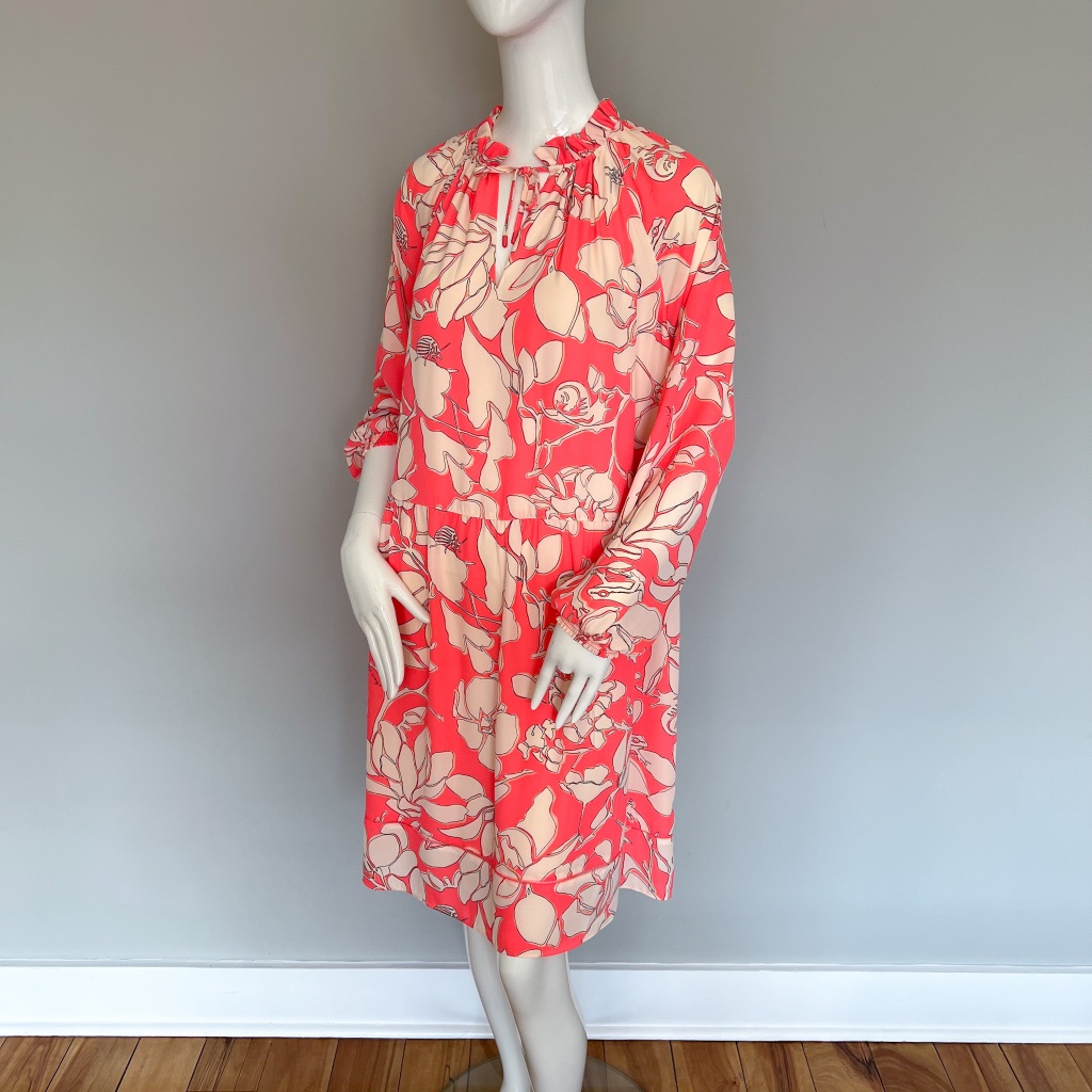 $440 Nwt Marc Cain Floral Neon Pink Cream Long Sleeve Short Above Knee Dress N3